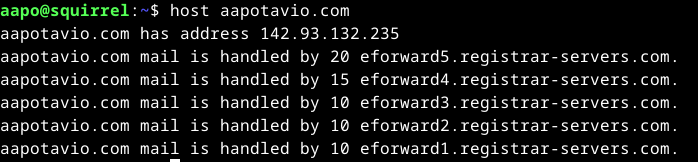 host-komento ilman -a valintaa osoitteeseen aapotavio.com